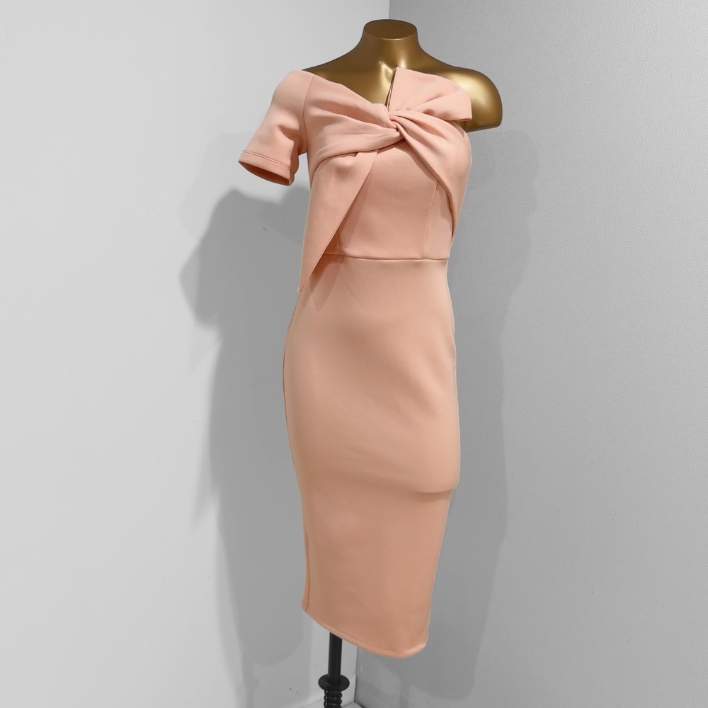 ASOS Design Peach/Pink Bow One Shoulder Scuba Formal Midi Dress Size 2 - Picture 7 of 7